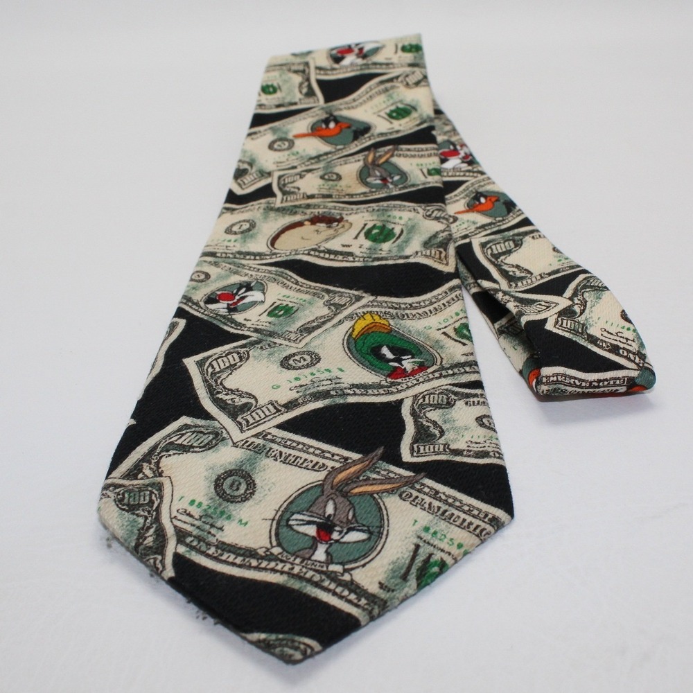 Vintage 1995 Looney Tunes Mania Money Tie Bugs Bunny Daffy Duck 100 Dollar Bill‎